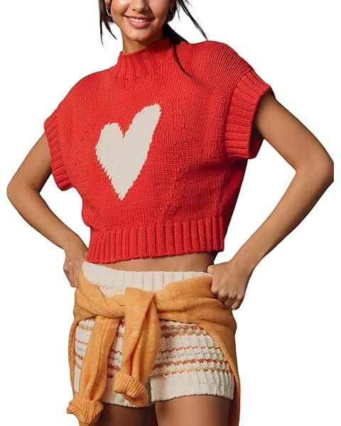 TAQCUX Womens Sweater Vest Mock Neck Cap Sleeve Sweater Tank Tops Cute Heart Knit Cropped Pullove... | Amazon (US)