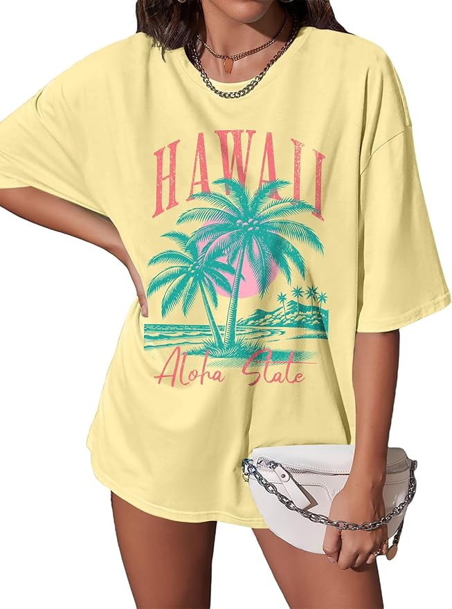 Hawaiian Shirt Women Oversized: Hawaii Aloha State Tshirt Palm Tree Graphic Tee Casual Summer Top... | Amazon (US)