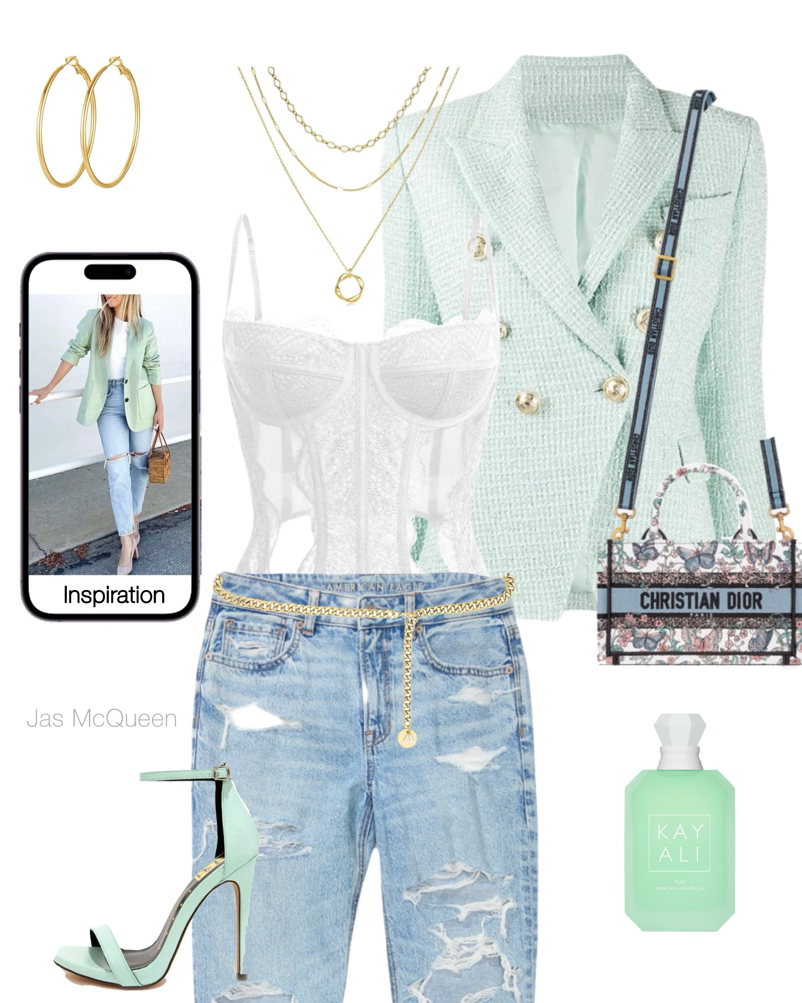 Mint Green Tweed Blazer Casual outfit! Perfect for brunch, tea party, day party! 

Mint green, sage, pistachio, ripped jeans, Mini Dior Book Tote
White Multicolor Toile de Jouy Papillon Embroidery, gold hoops, kayali gelato perfume, off-white, spring fashion 

#LTKShoeCrush #LTKStyleTip
