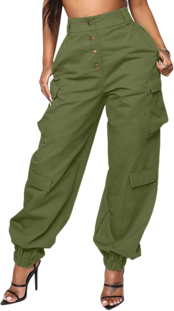 DRESSMECB Women's Casual Outdoor Elastic High Waisted Cargo Pant Baggy Jogger Pants with Pockets | Amazon (US)