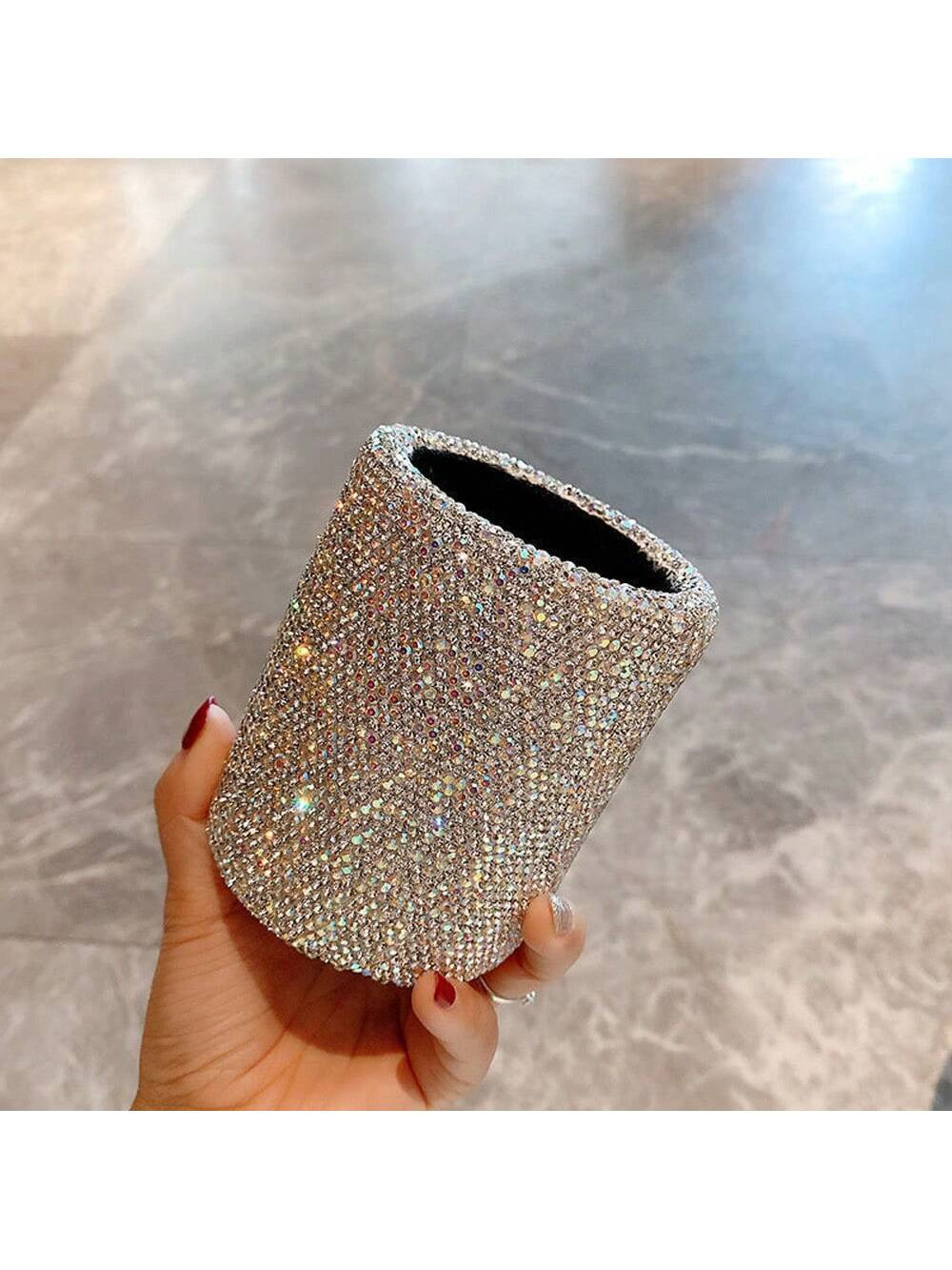 1pc Luxury Rhinestone Decor Multi-Purpose Small Round Storage Pen Holder For Office | SHEIN
