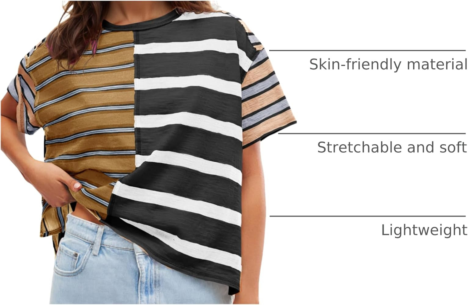 Tankaneo Womens Summer Striped Shirts Casual Color Block Short Sleeve Tops Loose Fit Crew Neck Te... | Amazon (US)