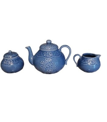 Bordallo Pinheiro Blue Embossed Flowers  Arc Lattice BP127 Tea Set discontinued | eBay US