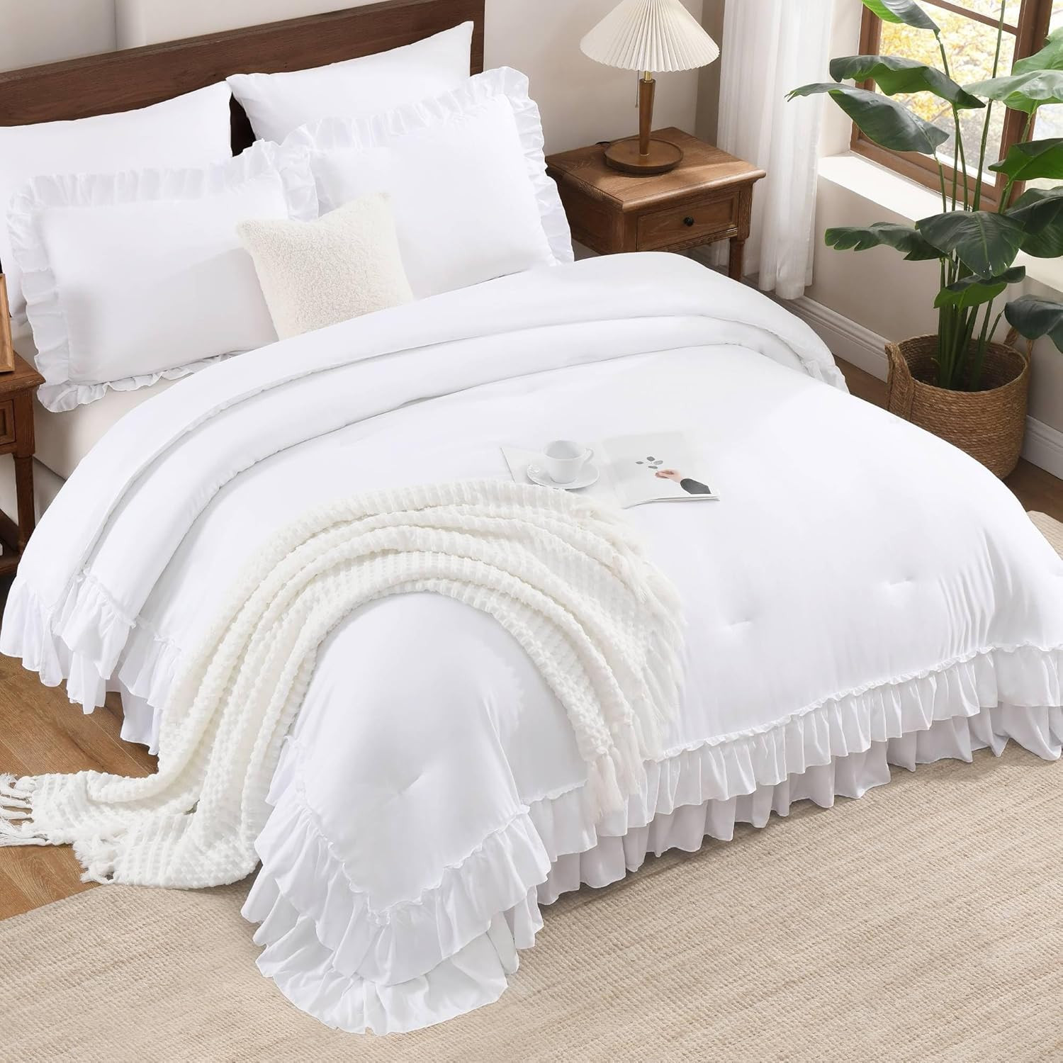 Andency White Ruffle Comforter Full Set, 3pcs Vintage Farmhouse Shabby Chic Bedding Comforter Set... | Amazon (US)
