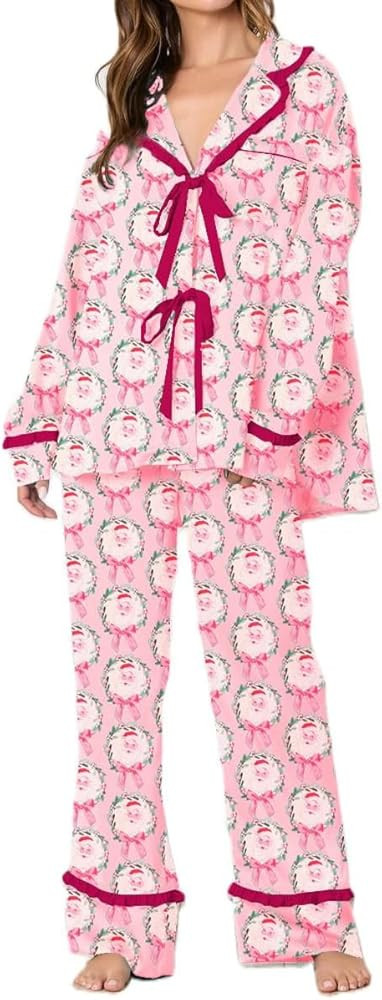 Women Satin Silk Bow Tie Christmas Pajamas Cute Santa Nutcracker Pjs Sets Y2k Ribbon Pajama Shirt... | Amazon (US)