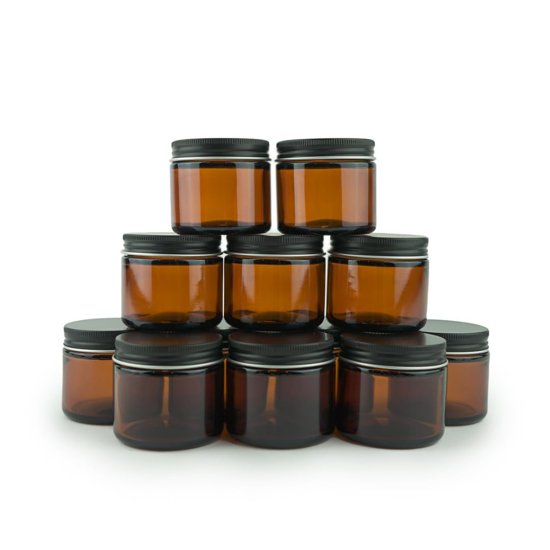 Glass Amber 2oz Jar - 12 Packs, Empty Round Jars For Beauty Products, Lotion, and Powders - Black... | Amazon (US)