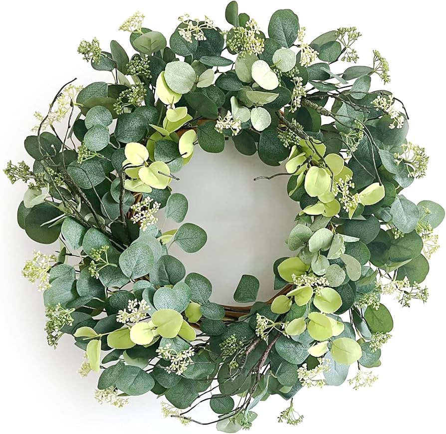 24 Inch Spring Wreath for Front Door, Spring Eucalyptus Wreath for Grapevine Farmhouse with Silk ... | Amazon (US)