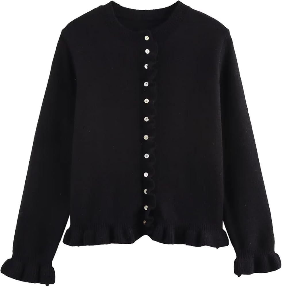 CORIRESHA Women's Elegant Ruffle Trim Cardigan Button Down Fall Long Sleeve Knit Sweater | Amazon (US)