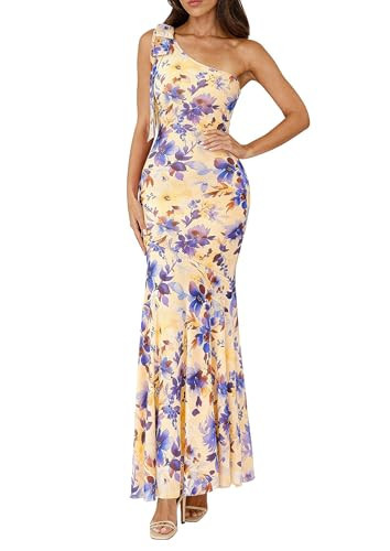PRETTYGARDEN Womens Summer One Shoulder Maxi Dress 2026 Floral Sleeveless Bodycon Mesh Long Beach Vacation Sun Dresses (Apricot Blue Flower,X-Large) | Amazon (US)