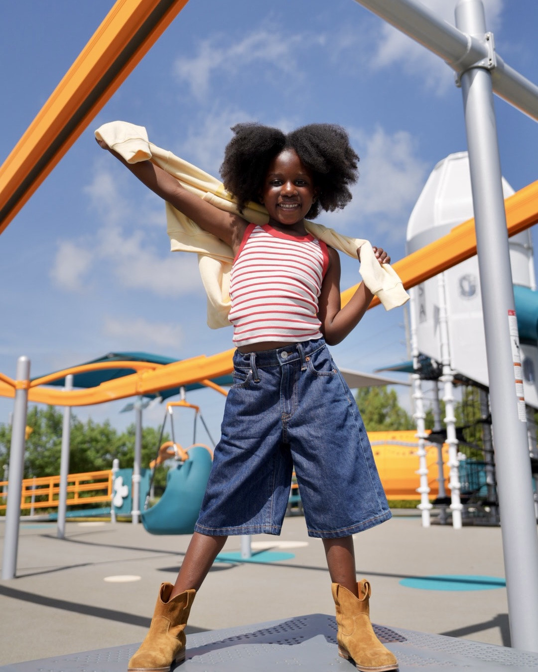 Back to school with GAP! Red and white striped tank, dark denim baggy jean shorts, yellow GAP hoodie and suede boots.

#LTKKids #LTKootd