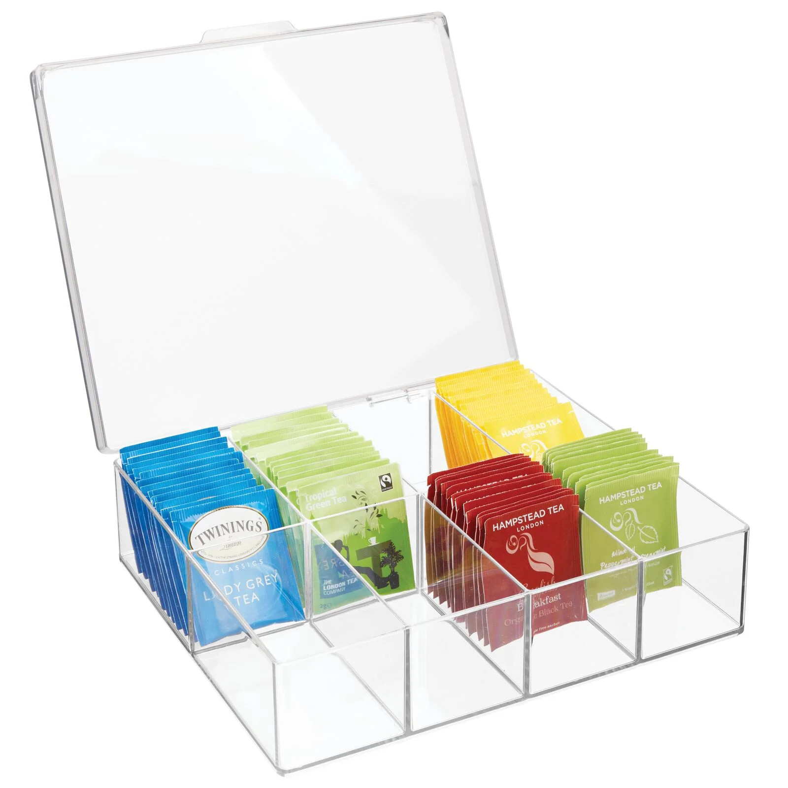 mDesign Plastic Tea Bag Divided Storage Organizer Box, Hinge Lid, Clear | Walmart (US)