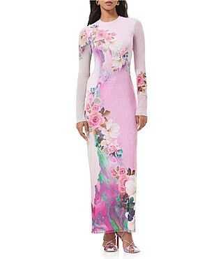 AFRM Didi Floral Print Crew Neckline Long Sleeve Mesh Maxi Dress - L | Dillard's