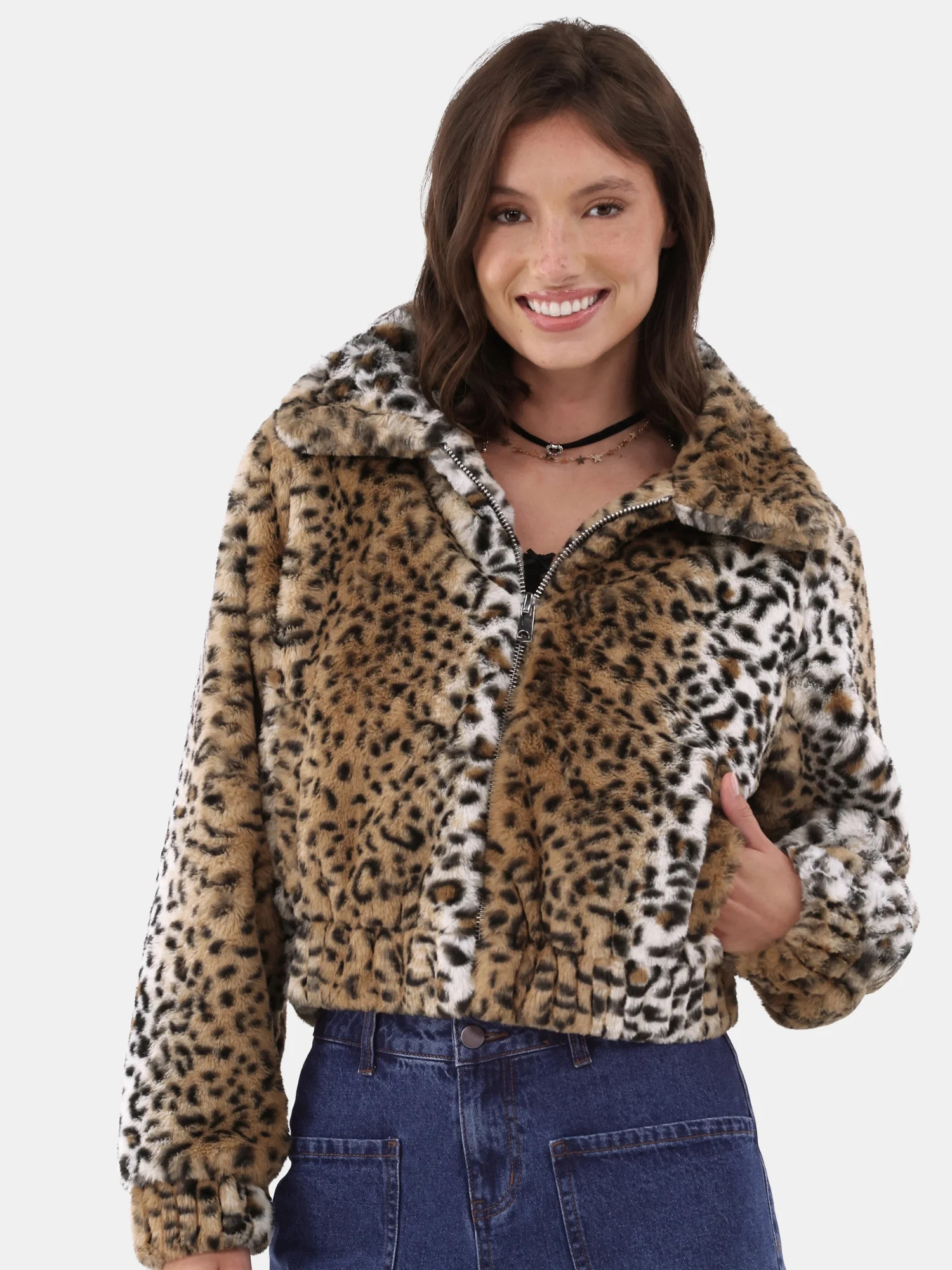 No Boundaries Faux Fur Bomber Jacket, Women's and Women's Plus | Walmart (US)