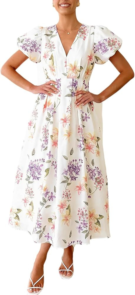 Womens V Neck Flutter Sleeve Boho Midi Dress Summer Wedding Guest Beach Party Long Dresses | Amazon (US)