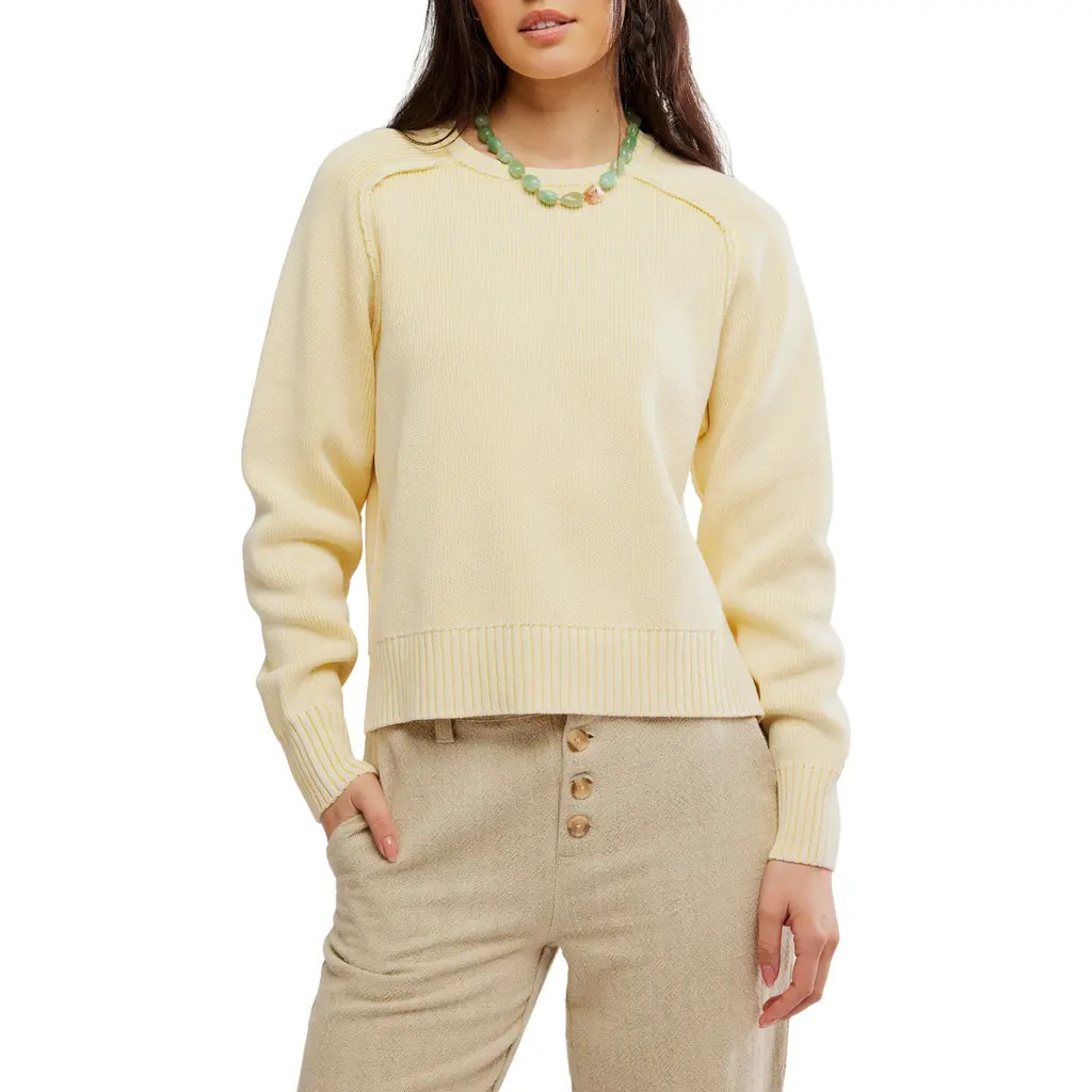 Free People Spring Street Cotton Crewneck Sweater in Banana Cream at Nordstrom, Size X-Large | Nordstrom