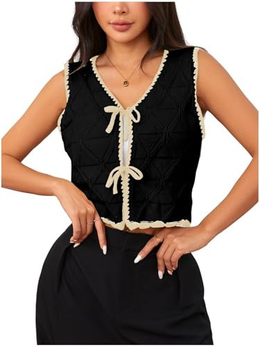 MakeMeChic Women's Sweater Vest Fall Tie Front Top Old Money Clothes V Neck Contrast Crochet Tops Black Large | Amazon (US)