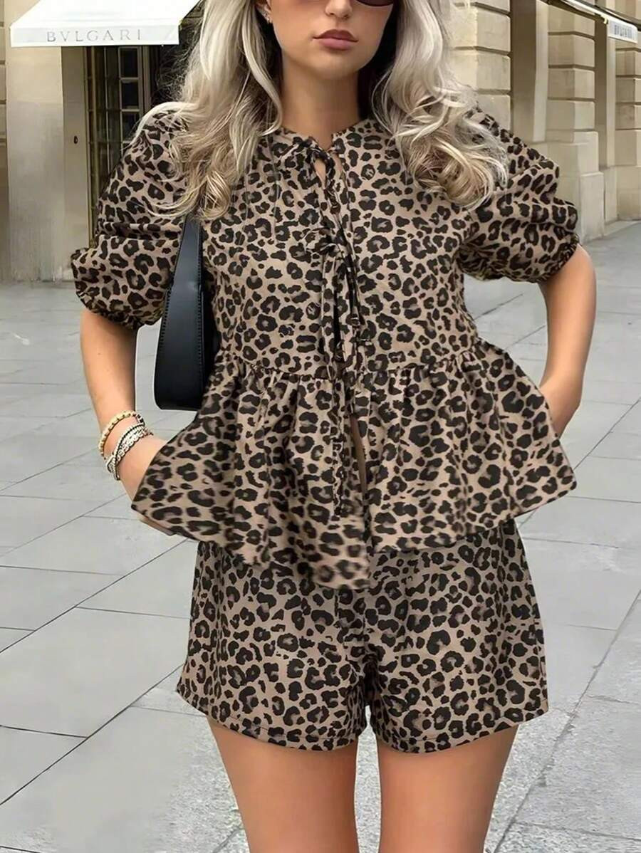 INAWLY Leopard Print Tie Front Blouse & Shorts | SHEIN