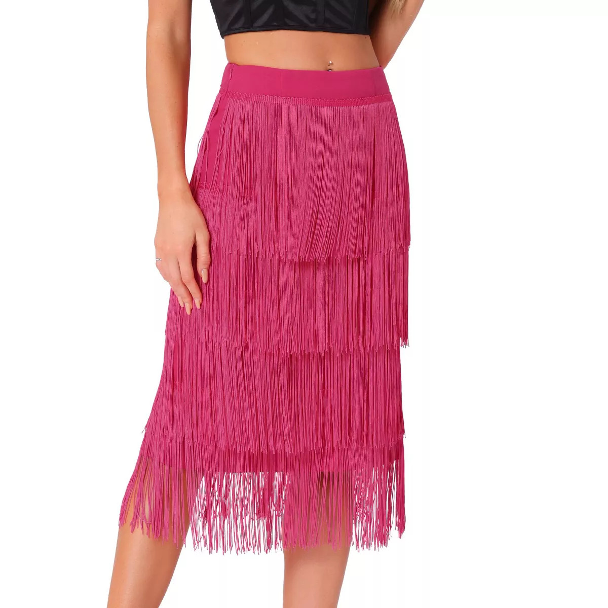 Allegra K Women's High Waist Bodycon Tiered Pencil Midi Tassel Fringe Skirts | Target