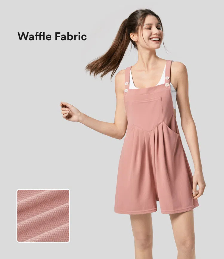 Adjustable Strap Button Multiple Pockets Plicated Waffle Casual Overalls | HALARA