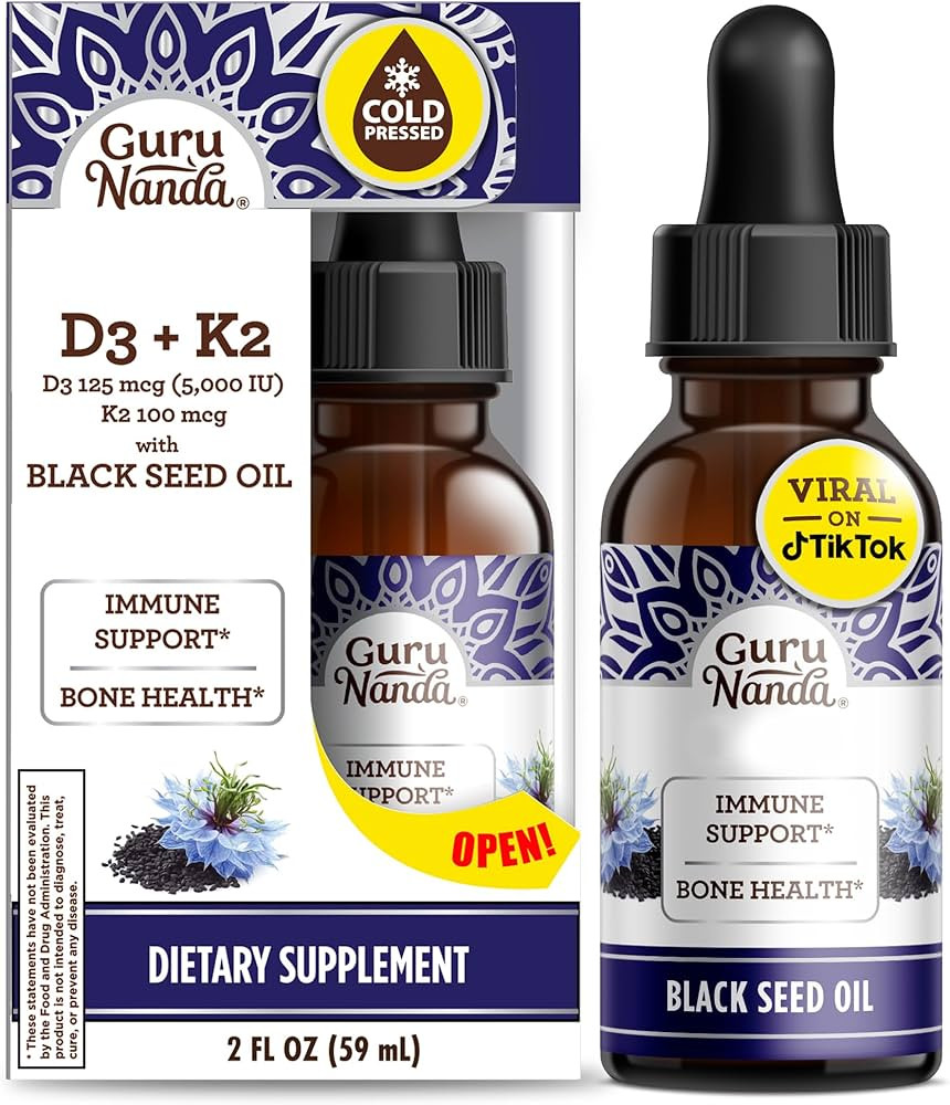 GuruNanda Black Seed Oil, Cold-Pressed Nigella Sativa - Rich in Vitamin D3 5000 Units, K2 & E, Hi... | Amazon (US)