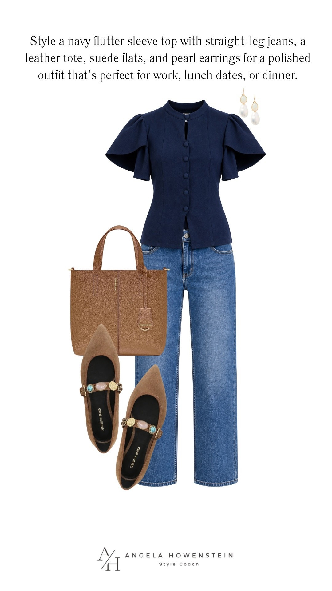 This navy flutter sleeve top is an easy way to elevate your everyday denim. The tailored fit and statement sleeves add just the right amount of polish, while the cognac tote, suede embellished flats, and pearl drop earrings complete a timeless outfit you’ll wear for work, lunch, or dinner out.

👩‍💻 LTK PRO TIPS
❤️ Heart = Support my posts ;-)
🔖 Save = Get sale & restock alerts for the things you love!
📋 Lists = Keep favorites organized (List ideas: Christmas, Birthdays, and Vacations!)
📲 Share = Send lists and products to a friend (or your daughters like me).
💬 Comment = Ask me anything, and I’ll answer. ;-)

#LTKootd #LTKSeasonal #LTKOver40