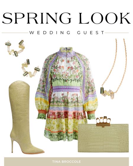 Spring Wedding Guest - Dress - Clothing - Earring - Purse - Shoe - Heel - Green - Booties - Boot

#LTKSeasonal #LTKstyletip #LTKFind