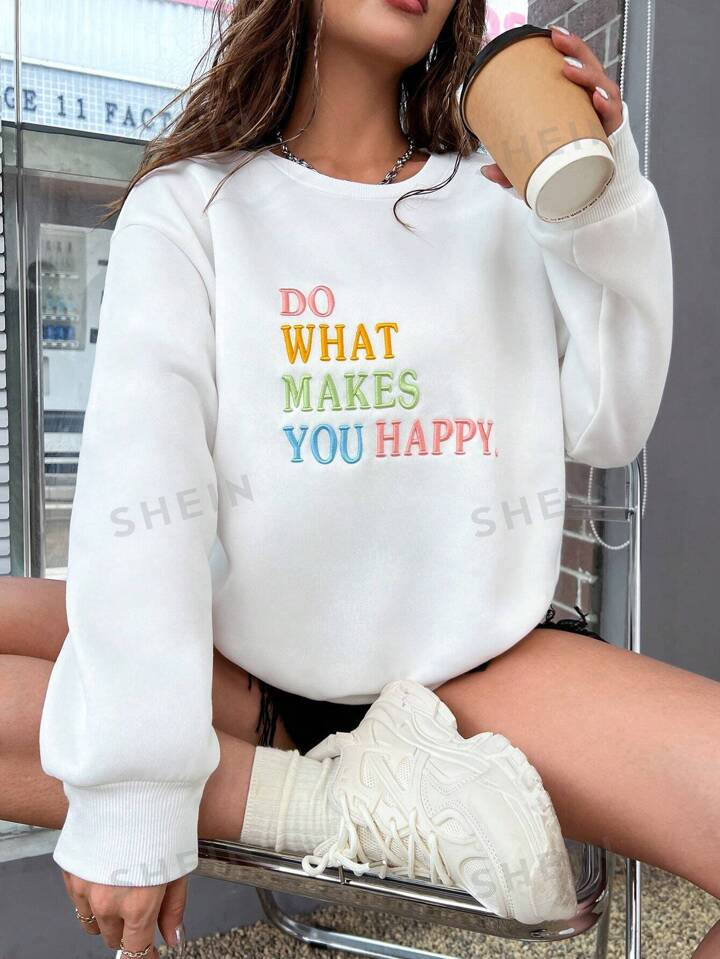 SHEIN EZwear Slogan Embroidery Drop Shoulder Sweatshirt | SHEIN