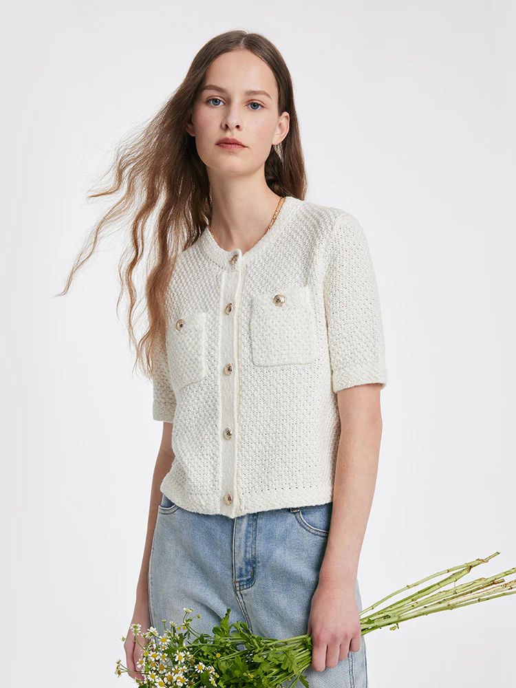 Openwork Round Neck Knitted Women Cardigan | GOELIA