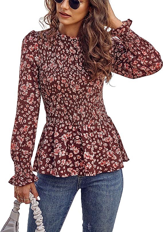 PRETTYGARDEN Women's Tops Casual Long Sleeve Crewneck Floral Print Smocked Ruffle Hem Slim Babydoll  | Amazon (US)