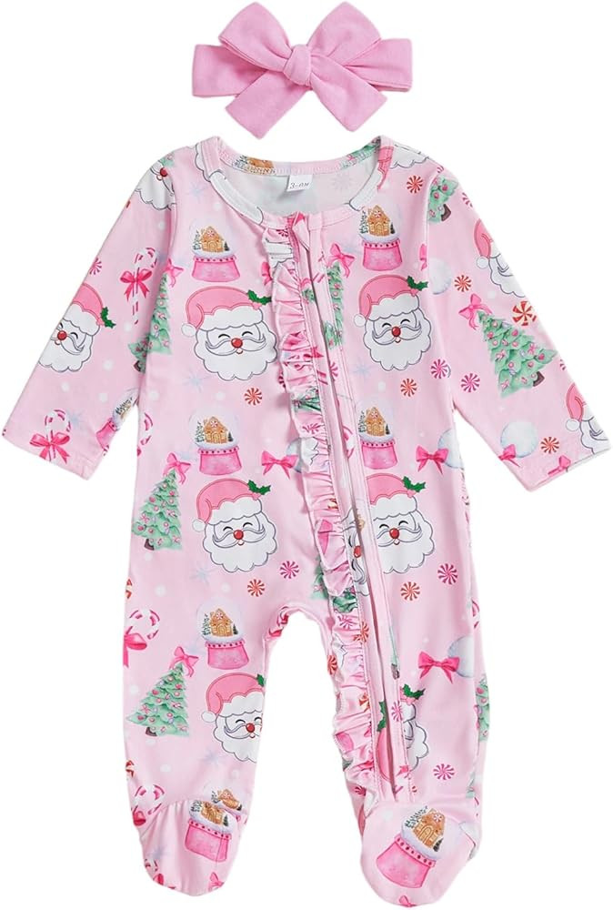 Newborn Girl Christmas Romper Bow Print Long Sleeve Zip Up Round Neck Footed Jumpsuit with Headba... | Amazon (US)