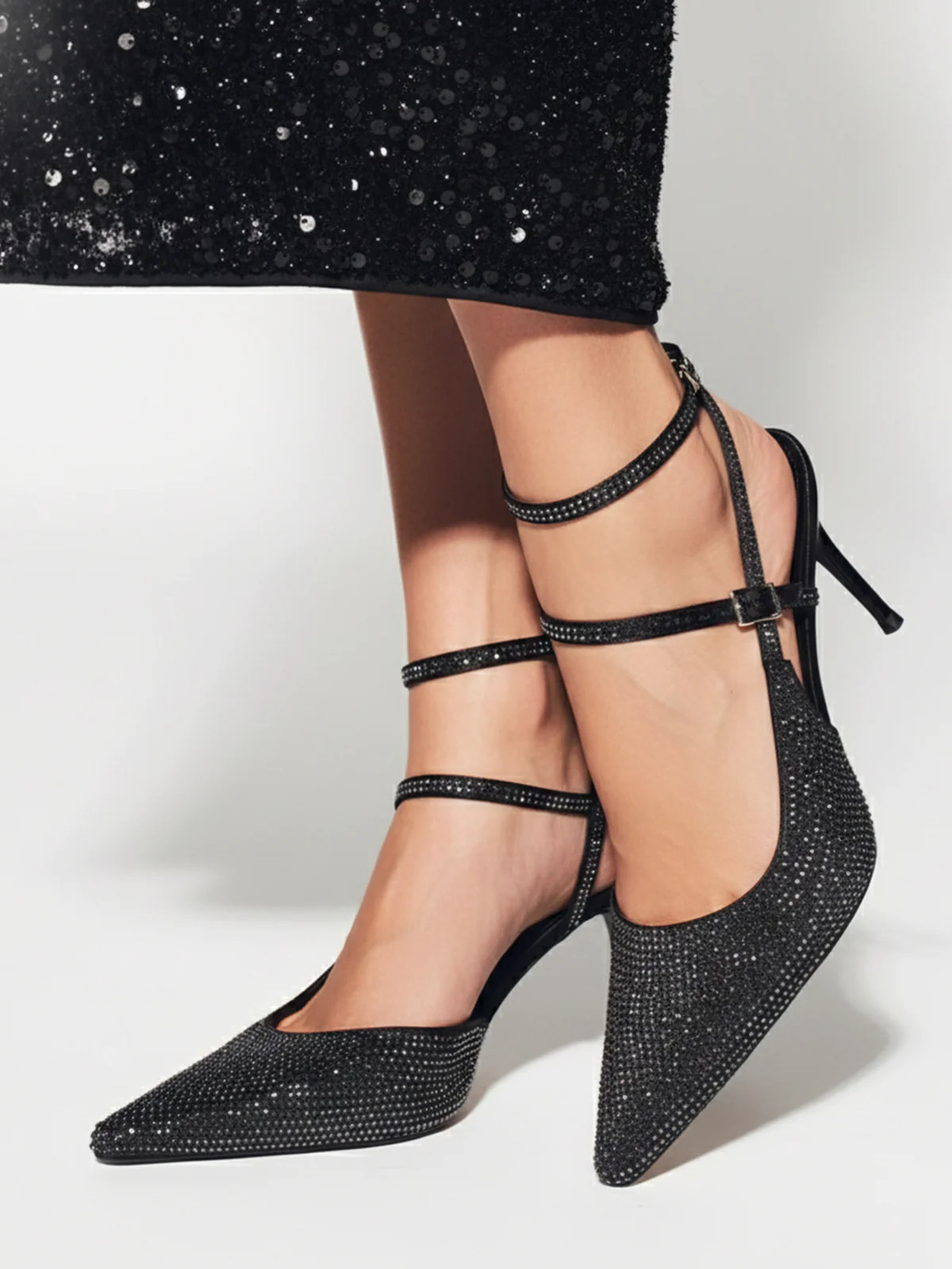 Crystal-Embellished Ankle-Strap Stiletto Heels | Commense