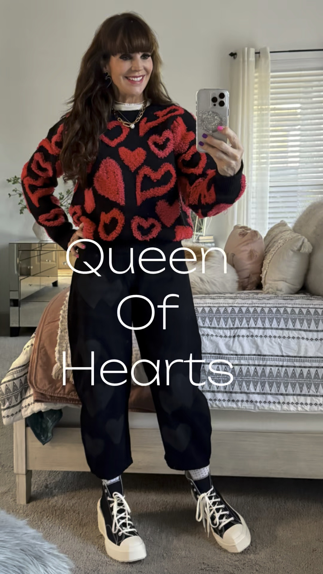 Why do just one heart when you can be covered in them?  👸🏻🖤❤️‍🔥🖤❤️‍🔥 I got these affordable heart jeans last year and they are so fun! I do love a heart motif year round but they are especially fun right now for Valentine’s Day!!  These sneakers are too cool with the wedge and square toe!!  What does your heart say? 👸🏻🖤❤️‍🔥🖤❤️‍🔥🖤

#LTKSeasonal #LTKStyleTip #LTKOver40