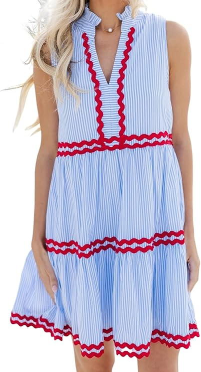 Kuraki Women's Cute Sleeveless RIC Rac Trim Tiered Striped Dress | Amazon (US)