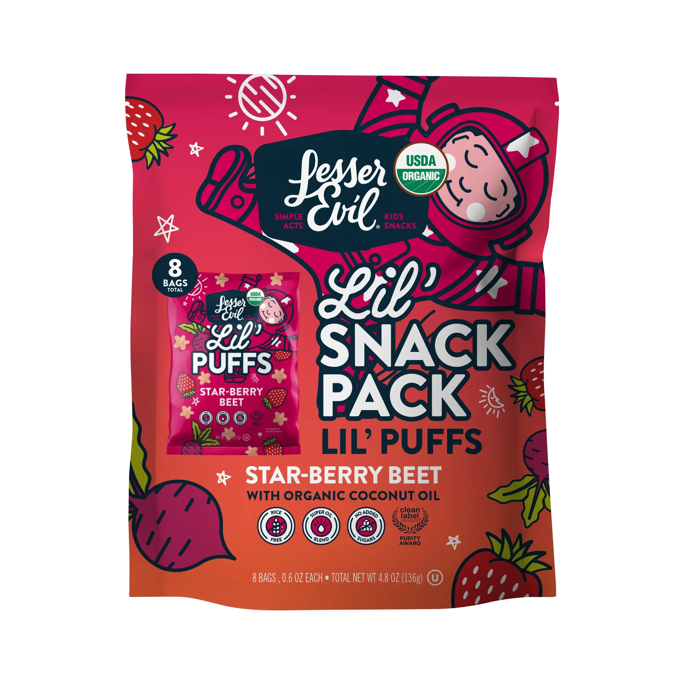 LesserEvil Strawberry Beet Lil' Puffs, Organic Snacks for Kids, Rice-Free, 0g Sugar per Serving, ... | Walmart (US)