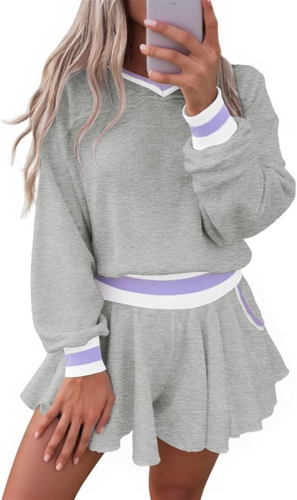 Fisoew Short Sets for Women Casual 2 Piece Outfits V Neck Long Sleeve Tops Elastic Waist Shorts F... | Amazon (US)