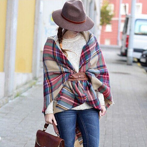 SDBING Soft Tartan Checked Plaid Scarf Shawl Cape Camel | Amazon (US)