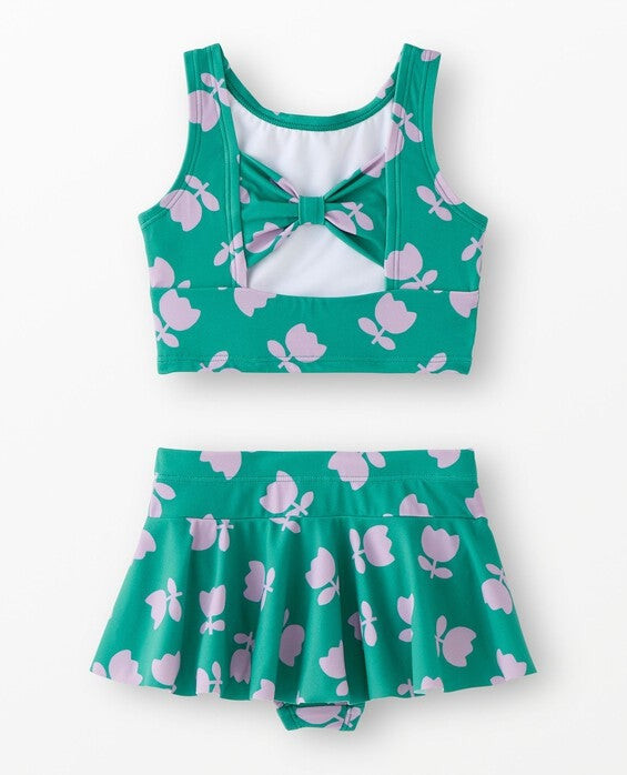 Girls' Tossed Tulips On Green Two-Piece Bow Back Skirted Swimsuit - Size Big Kids 12 by Hanna Andersson | Hanna Andersson