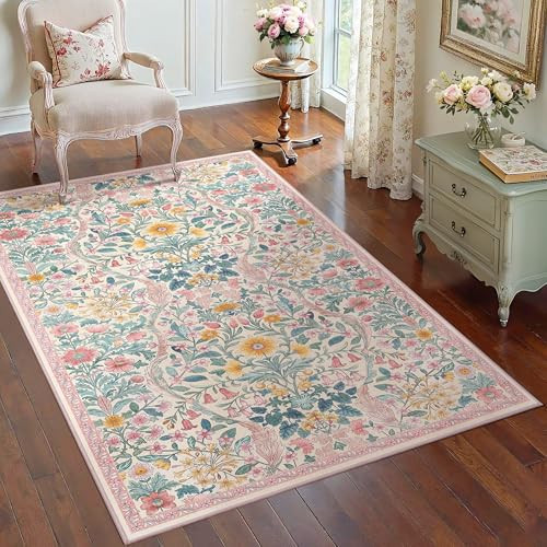 3x5 Light Pink Boho Floral Washable Rug,Soft Lightweight Low Pile Non-Shedding Carpet,Machine Washable Stain Resistant & Non-Slip for Entryway,Girls Bedroom,Kids Room,Living Room | Amazon (US)