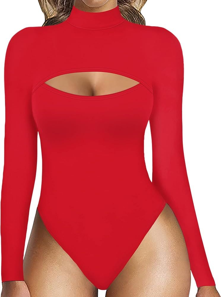 MANGOPOP Women's Sexy Cutout Front T Shirt Long Sleeve Short Sleeve Bodysuit Jumpsuits | Amazon (US)