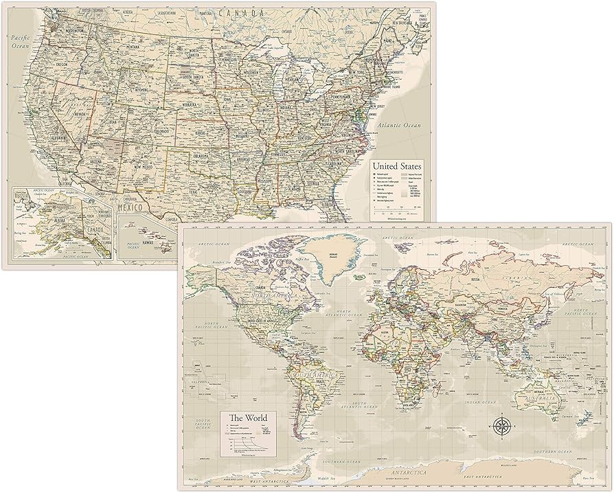 Antique Laminated World Map & US Map Poster Set - 18" x 29" - Wall Chart Maps of the World & Unit... | Amazon (US)