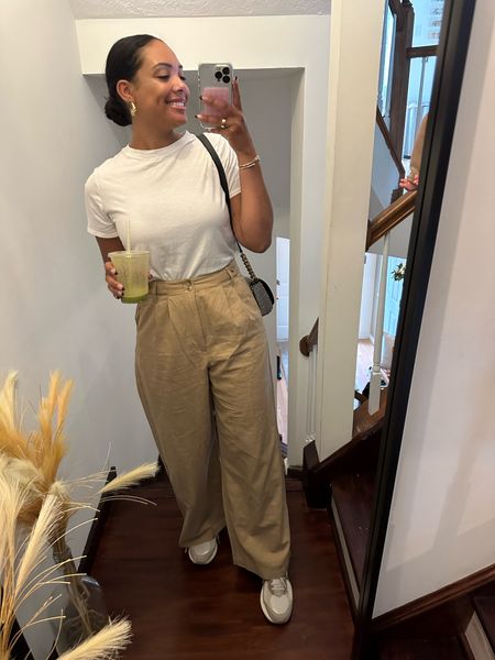 Simple errand fall outfit OOTD- loving this trousers from madewell, as well as a simple white T shirt and these new balance sneakers. 

#falloutfit 

#LTKxMadewell #LTKshoecrush #LTKSeasonal