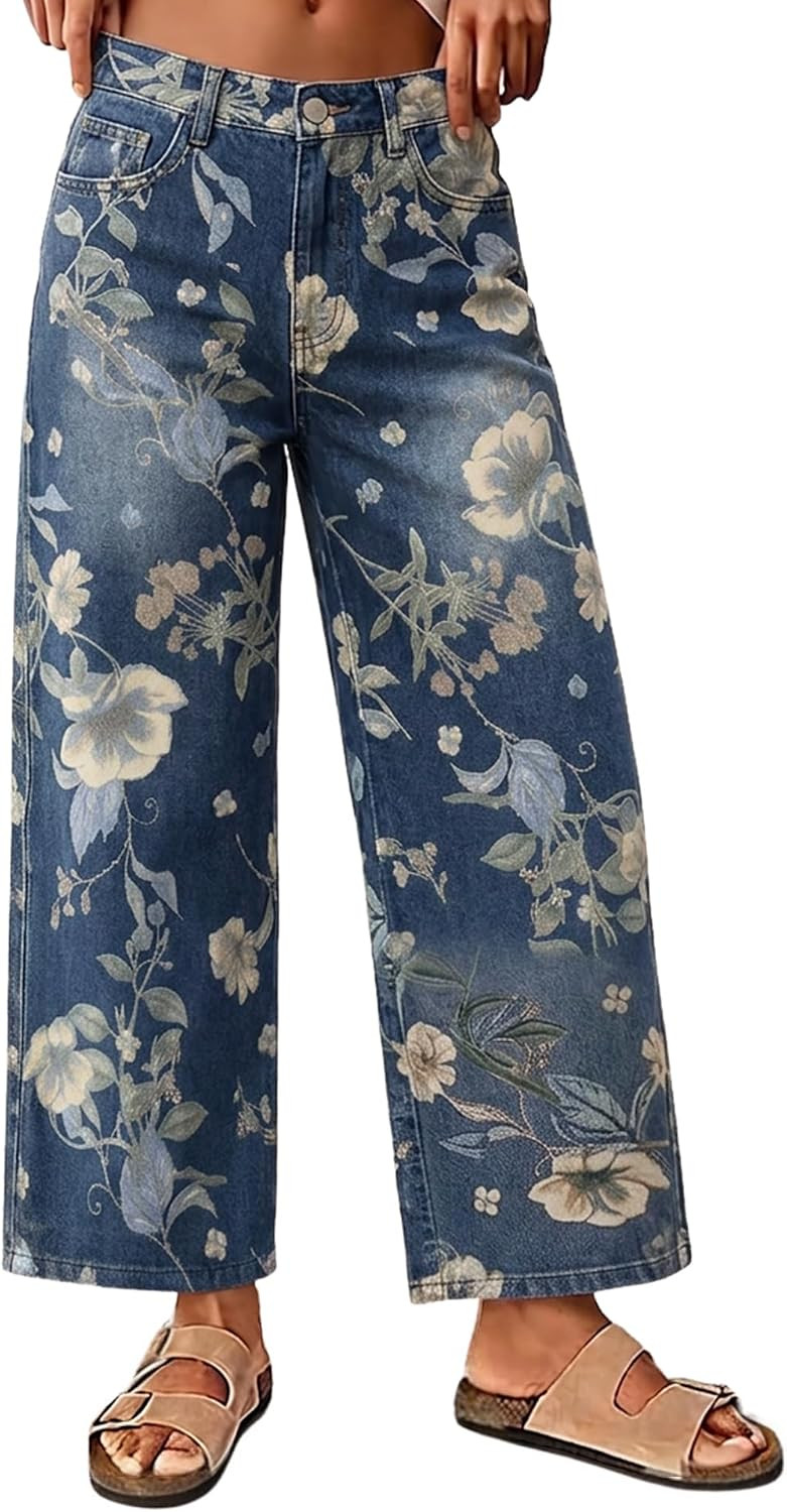 chouyatou Women's Floral Print Mid Rise Cropped Jeans Wide Leg Baggy Boho Ankle Denim Pants with Pockets | Amazon (US)