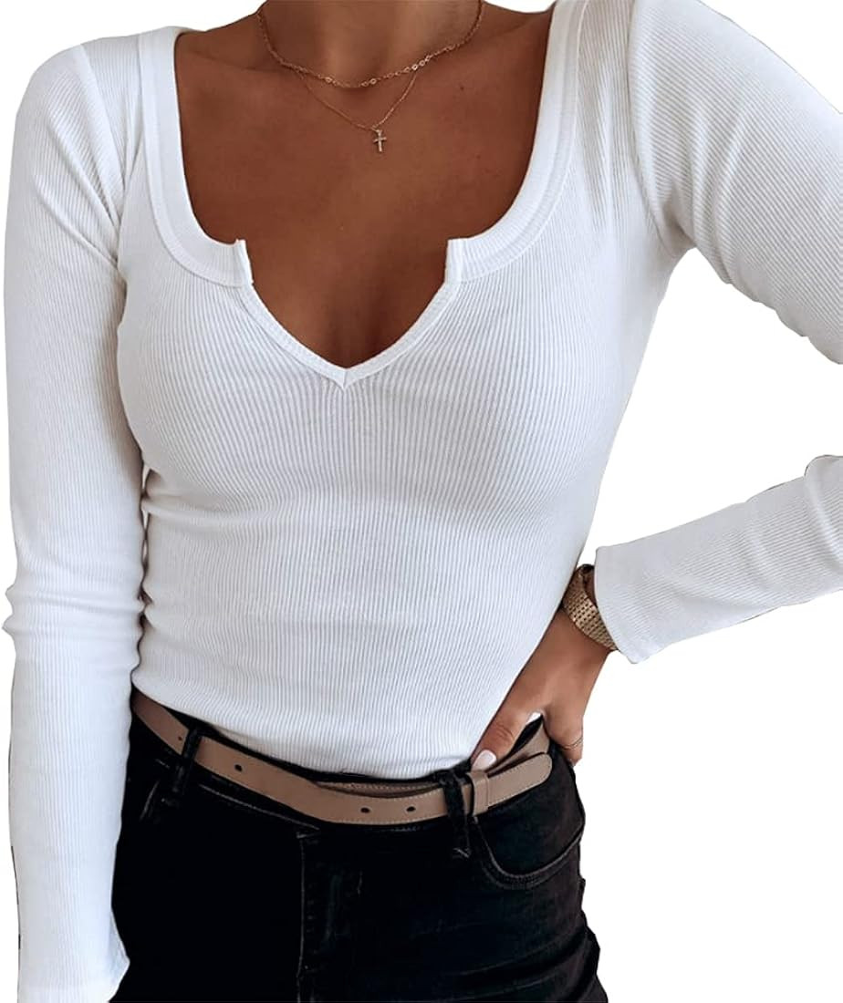 Roselux Women V Neck Ribbed Long Sleeve Shirt Fitted Basic Slim Knit Top | Amazon (US)