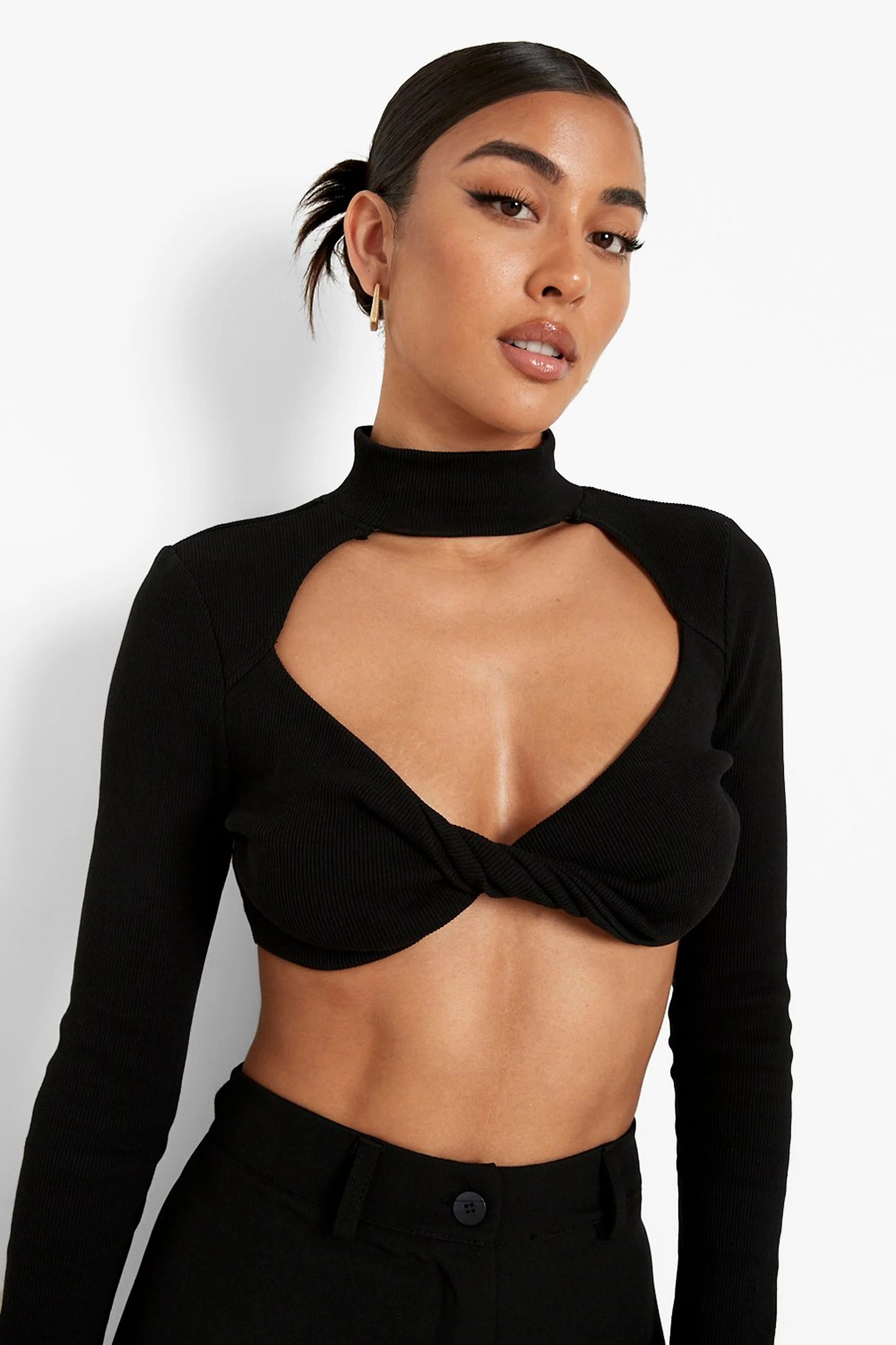 Rib Cut Out Twist High Neck Crop Top | Boohoo.com (US & CA)