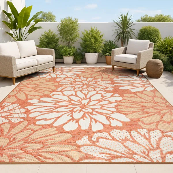 Zinnia Modern Floral Textured Weave Orange/Cream Indoor/Outdoor Rug | Wayfair North America