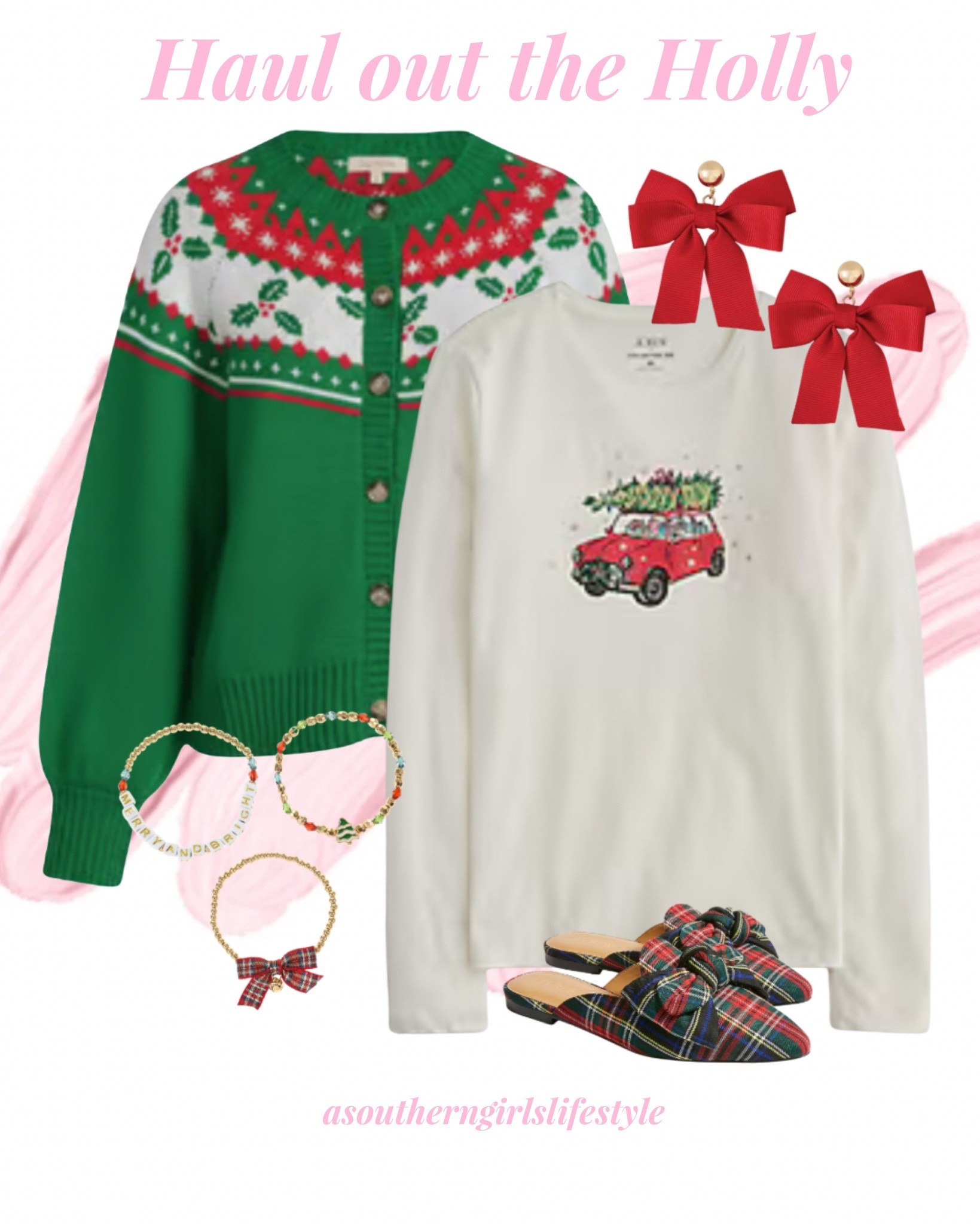 Just add your favorite jeans! Green Fair Isle Crew Neck Long Sleeve Christmas Sweater, Graphic Tee, Red Bow Earrings, Christmas Bracelets & Tartan Plaid Bow Mules 

Christmas Style. Christmas Outfit 

#LTKHoliday #LTKSeasonal #LTKFindsUnder100