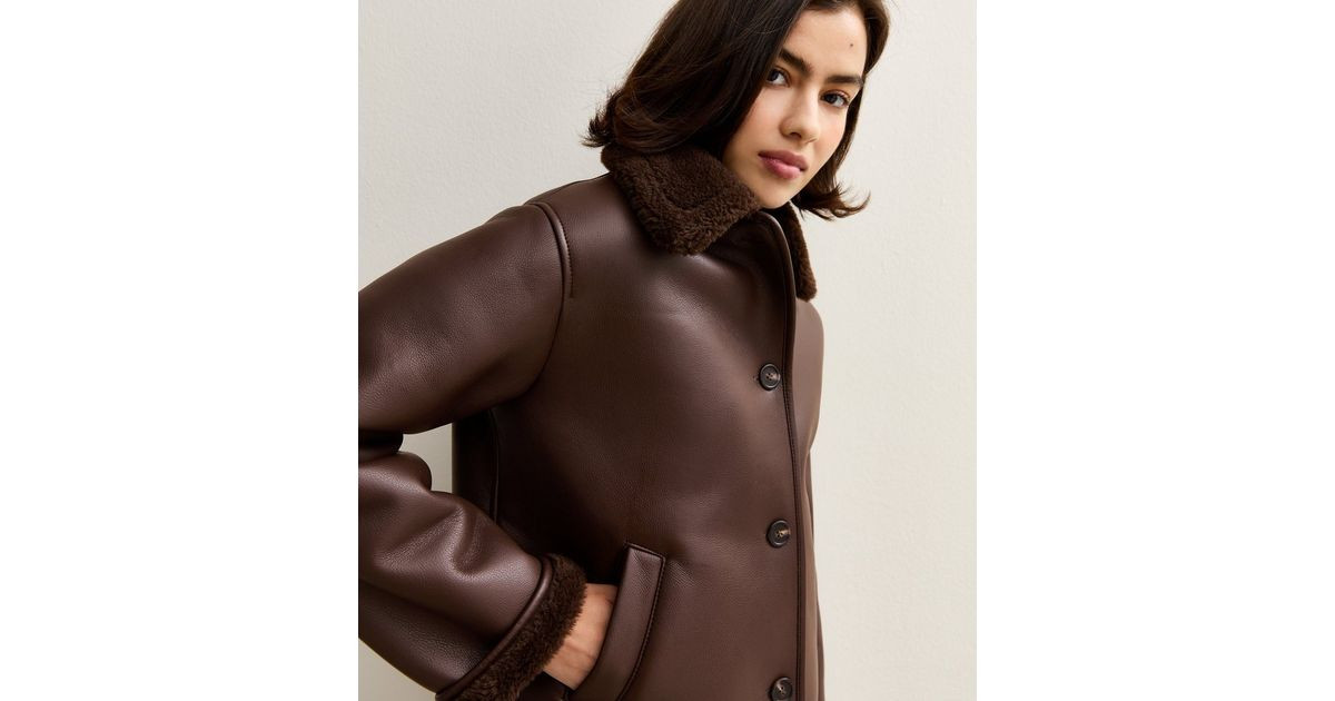 Dark Brown Faux Leather Borg Trim Jacket | New Look | New Look (UK)