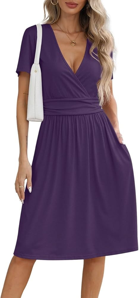 NILOUFO Women's Summer Casual Dress Short Sleeve Wrap V Neck Midi Dresses with Pockets | Amazon (US)