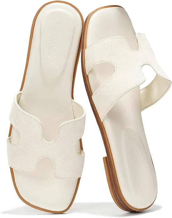 Fashion Flat Summer Sandals for Women 2024 - Leather Womens Sandals Comfortable Memory Foam Slide... | Amazon (US)