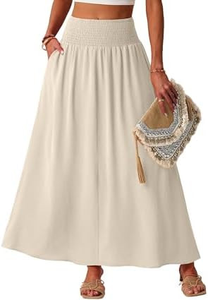 Lepunuo Maxi Skirts for Women Smocked Elastic High Waisted Casual Boho Swing Pleated Beach Long S... | Amazon (US)